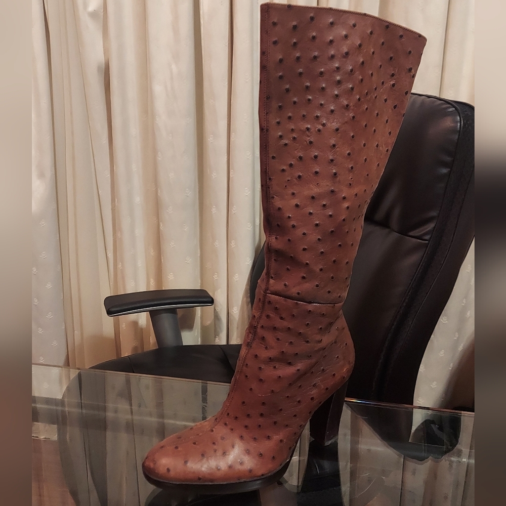 Karly Brazilian Ostrich Skin Boot Knee tall leather 3 inch heel vintage